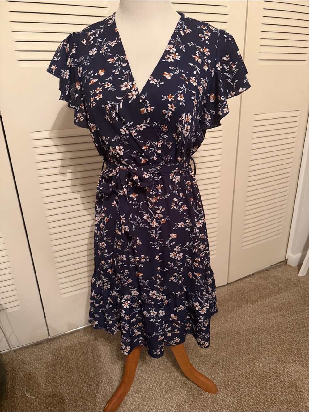 Floral Wrap Midi Dress in Navy Blue with Ruffle Hem